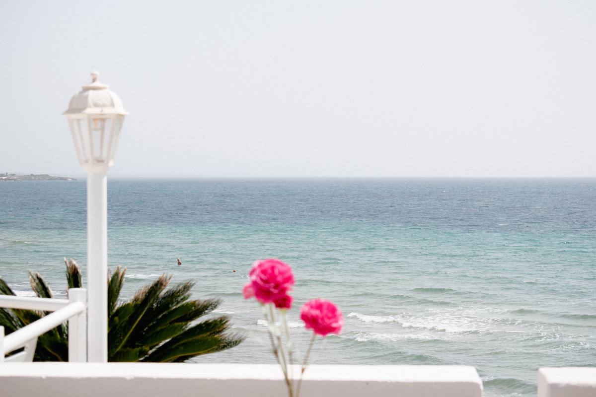 Flores y farol frente al mar