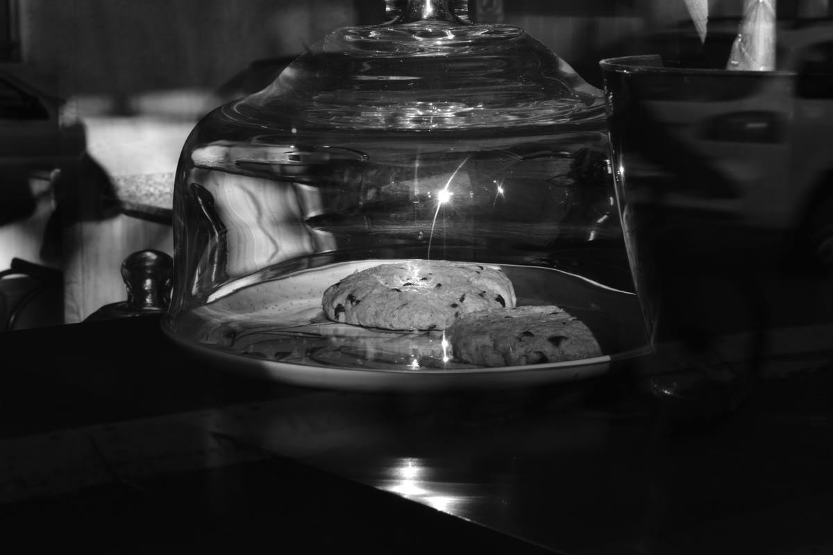 Campana de vidrio con galletas sobre la barra de un café, en blanco y negro